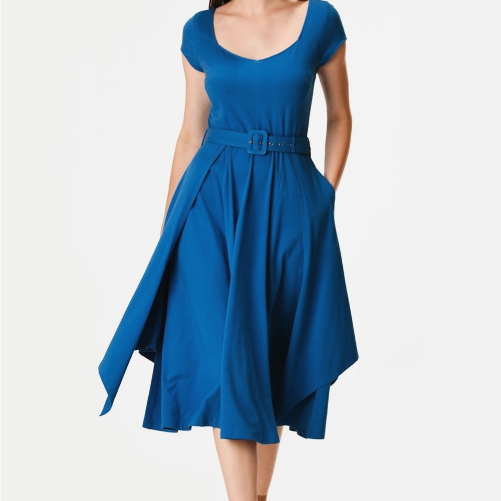 eShakti Blue Asymmetrical Fit and Flare Dress